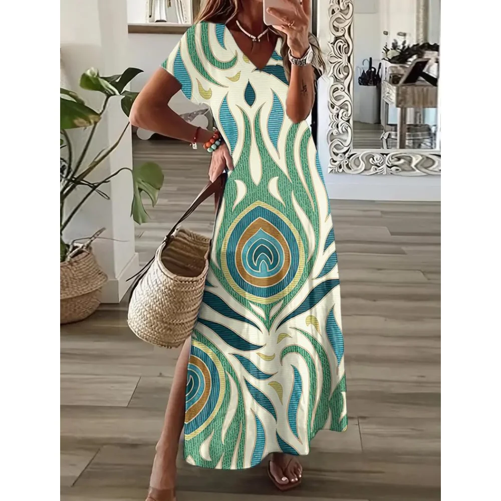 Fashions Peacock Feather Women's Dresses Colorful Printed Summer Short Sleeves Slit Dress Loose Holidays Oversize Clothing New