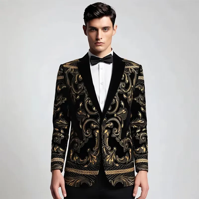 

Men's Luxury Slim Black Velvet Embroidery Wedding Suit Jacket Fit Tuxedo Blazer Stylish Groom Banquet Singer Host Stage Clothing