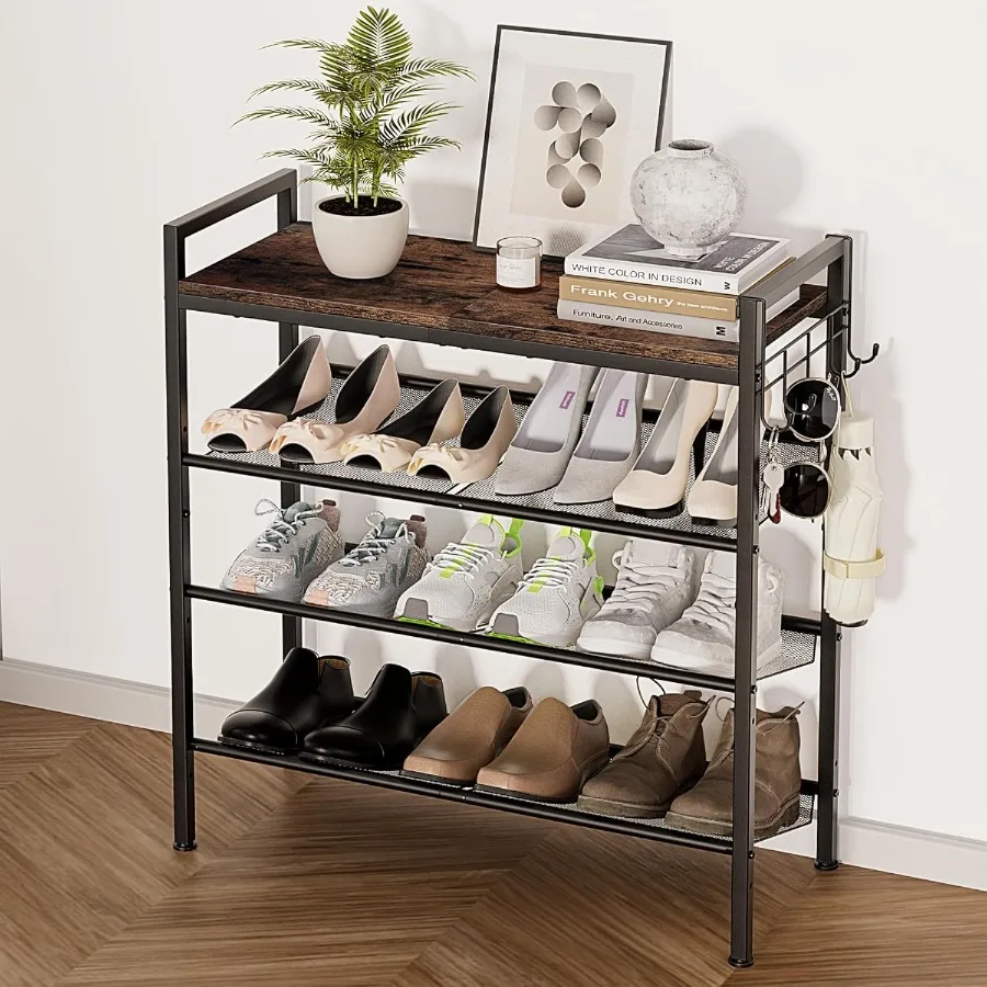 

4 Tier Shoe Rack for Front Door Entrance and Entryway Storage with Hook Adjustable Mesh Shelves Organizer Durable Metal Shoe Ra