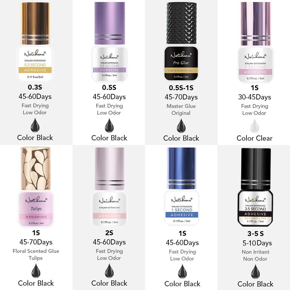 NATUHANA Professional Eyelash Extension Glue 0.3S 0.5S 1S 2S Fast Drying Black Clear Lash Adhesive Non-Irritating Strong Hold