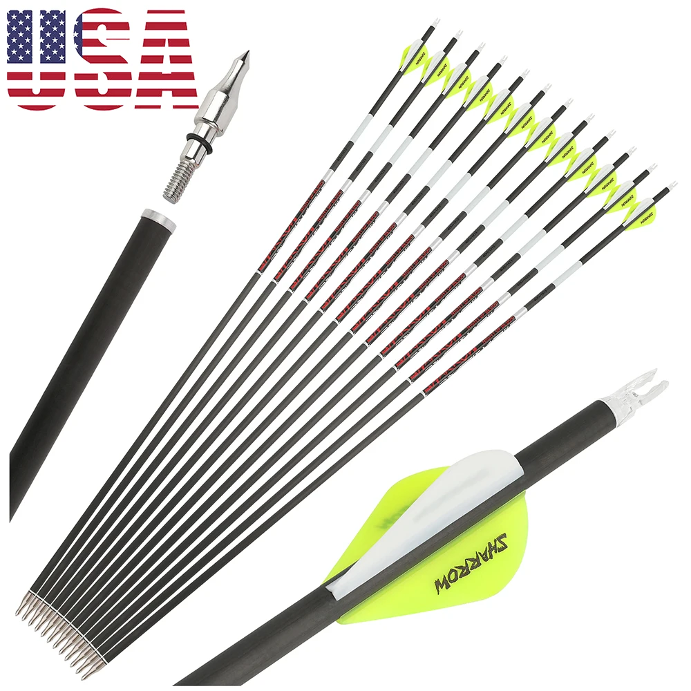 

12 шт. стрел из чистого карбона, спайн 300/400/500, прямолинейность +/-0.003 дюйма, внутренний диаметр 6.2 мм, для блочного и традиционного лука, охоты, стрельбы по мишеням