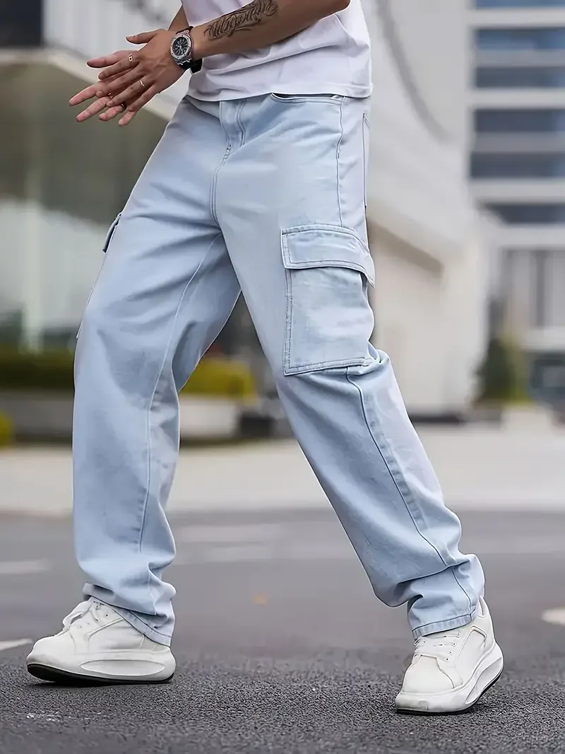 Men's Fashion Street Style Cropped Jeans, Cotton Blend, Non-Stretch, Solid Color, Loose Fit, Washed Denim, with Woven Fabric for