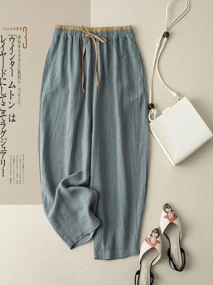 

Retro Cotton Linen Wide Leg Casual Pants Women Loose Versatile Drapey Slim Straight Long Trousers Comfortable Breathable