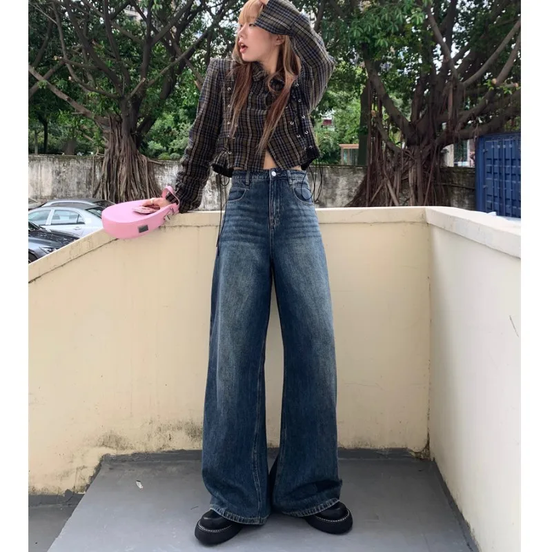 

Blue High Waist Women's Jeans Flare Pants Vintage American Fashion Street Wide Leg Jean Female Denim Trouser Baggy Denim Pants