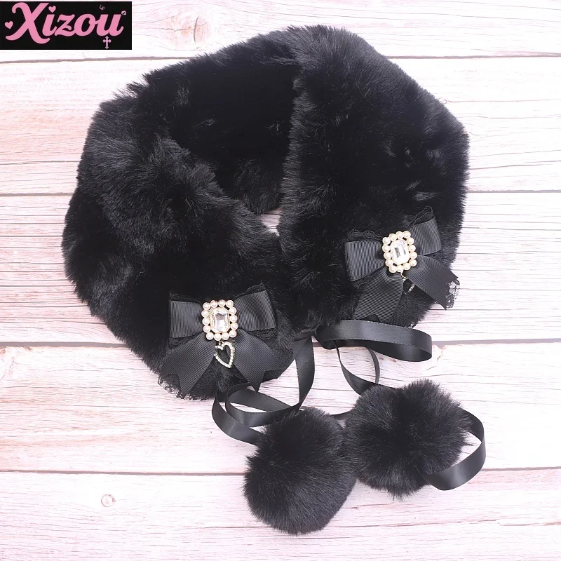 Japanese  Handmade Mass-produced Sweet Lace Bow Big Hairball Scarf Cute Girl Hairy Fake Collar Fur Collar Versatile Winter Girl