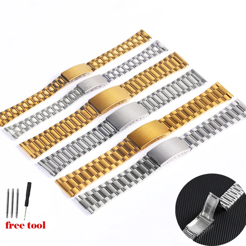 ステンレス鋼の時計ストラップ,12 14 18 20mm,ユニバーサル,折りたたみ式バックル,ゴールド,男性用アクセサリー
