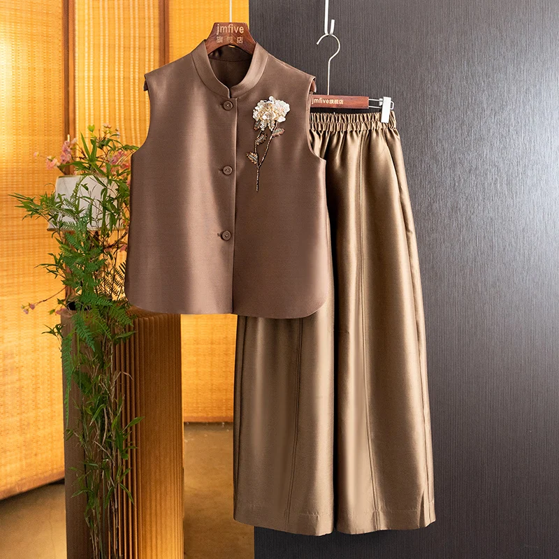 New Chinese-Style Silk Wool Fashion Versatile Loose-Fitting Women's Set 2026 Autumn New National Style Wide-Leg Pants Two-Piece Set