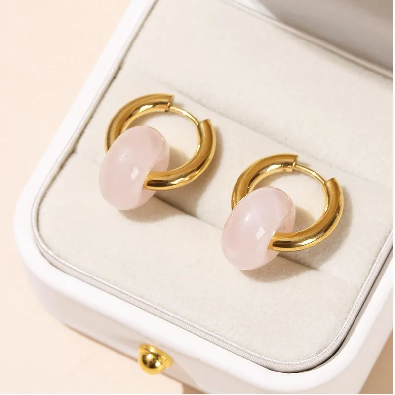 Change Better Natural Pink Quartz Agate Turquoise Golden Plated Earrings Women Handmade Donut Stainless Steel Thick Hoop Earring