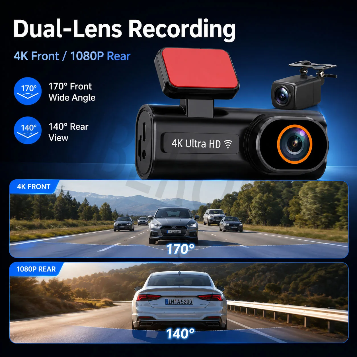 Ultra Dash Cam Mini Car DVR Front 4K and Rear 1080P Car Camera Dual Lens Night Vision Loop Recording WiFi APP Control G-sensor
