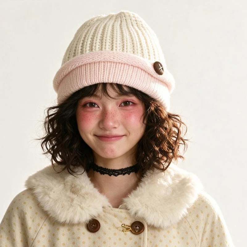 Japanese Retro Irregular Flap Button Design Pullover Knitted Hat Men and Women Winter Warmth Ear Protection Skull Beanie Caps