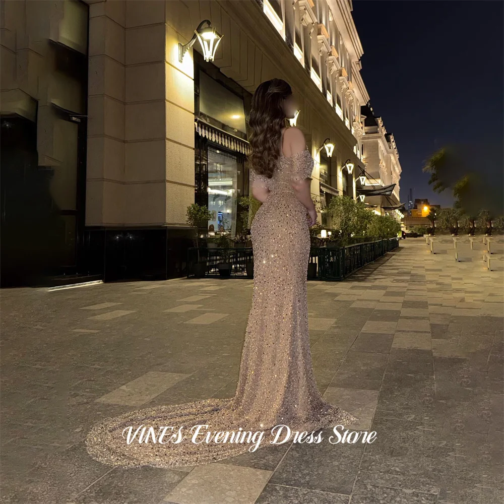 

VINES Champagne Evening Dress Off Shoulder Prom Dress Sequin Mermaid Formal Gown with Train robe de bal for Woman Customized