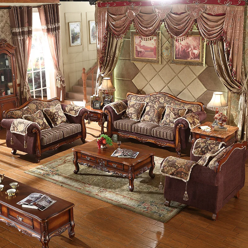 HYS European fabric sofa solid wood carving flower American small apartment living room home combination log color sofa