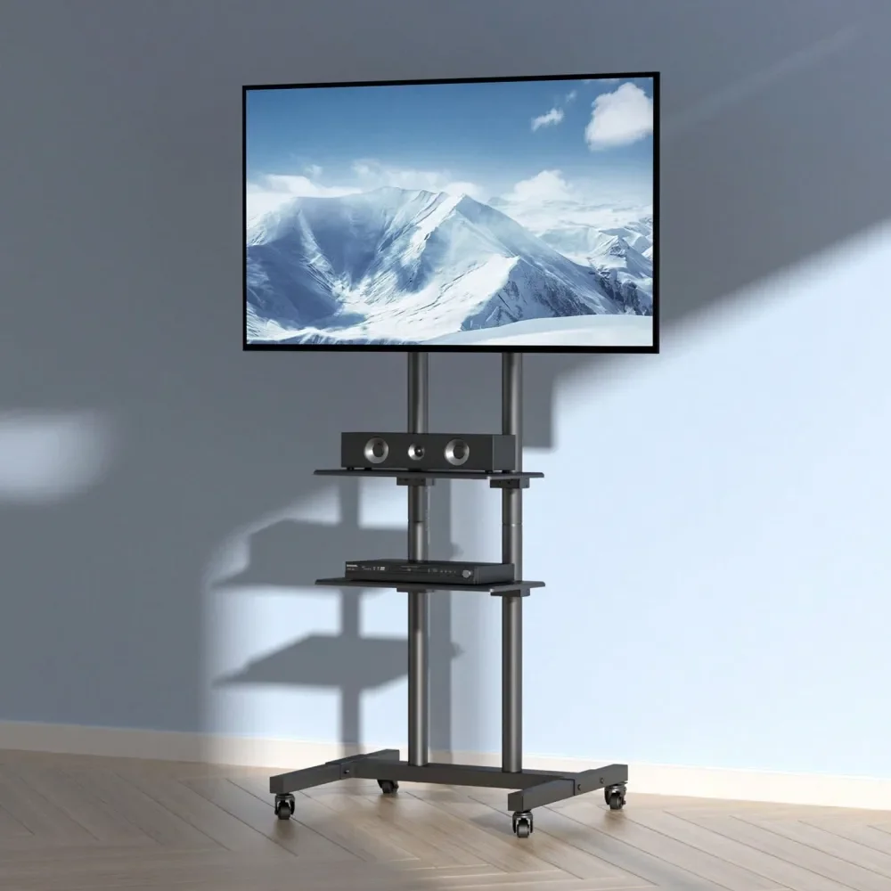 TV Stand, Mobile TV Cart For 32 To 70 Inch TVs, Height Adjustable Portable TV Stand With Wheels, Double Tray For AudioVisual De
