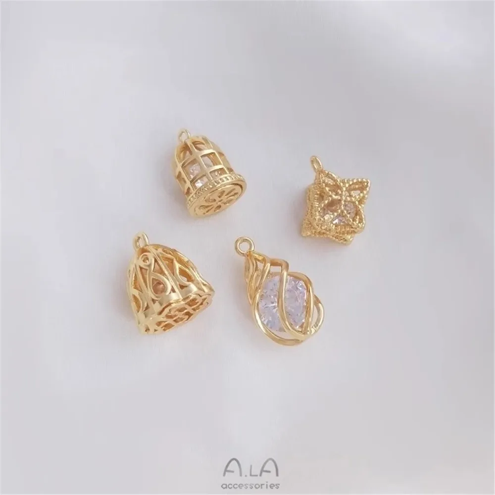 

Interior Zircon Flexible Pendant 14K Gold Color Preservation Water Drop Bird Cage Lotus Pendant Diy Jewelry Charm