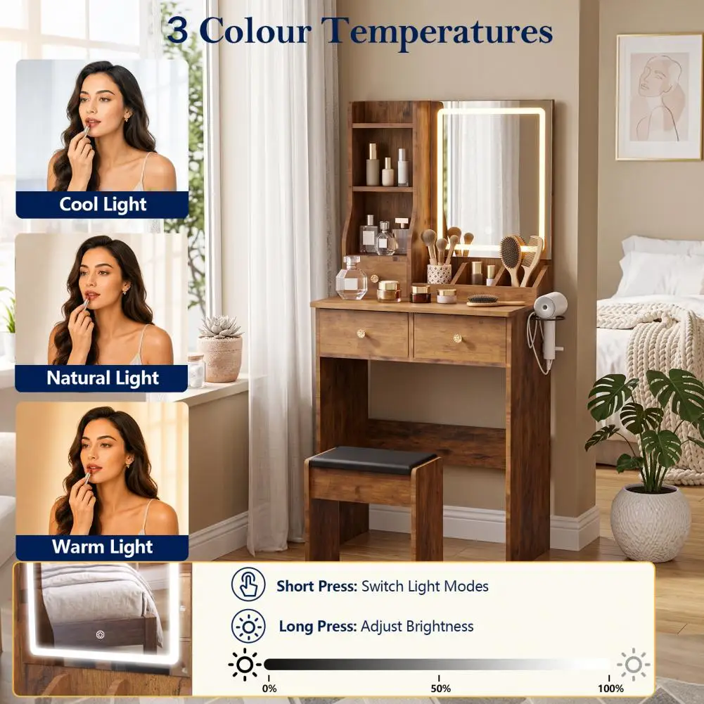 Modern LED Vanity Desk With Mirror Drawers Adjustable Lighting Space Saving Dressing Table For Bedroom Makeup Station