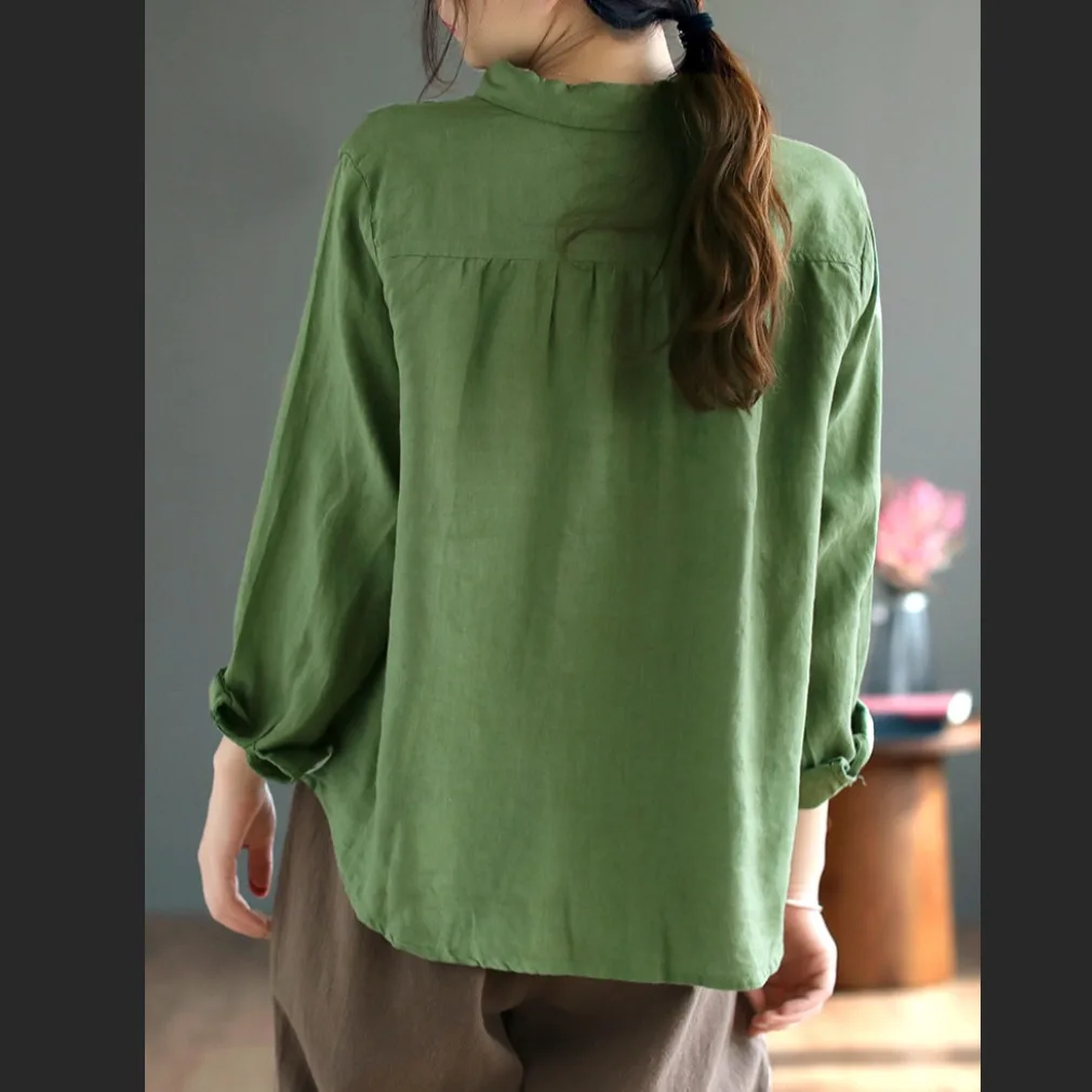 الرجعية المطرزة زر القطن الكتان المرأة ربيع الخريف فضفاضة سليم صالح طويل Sve irt طوق الأعلى