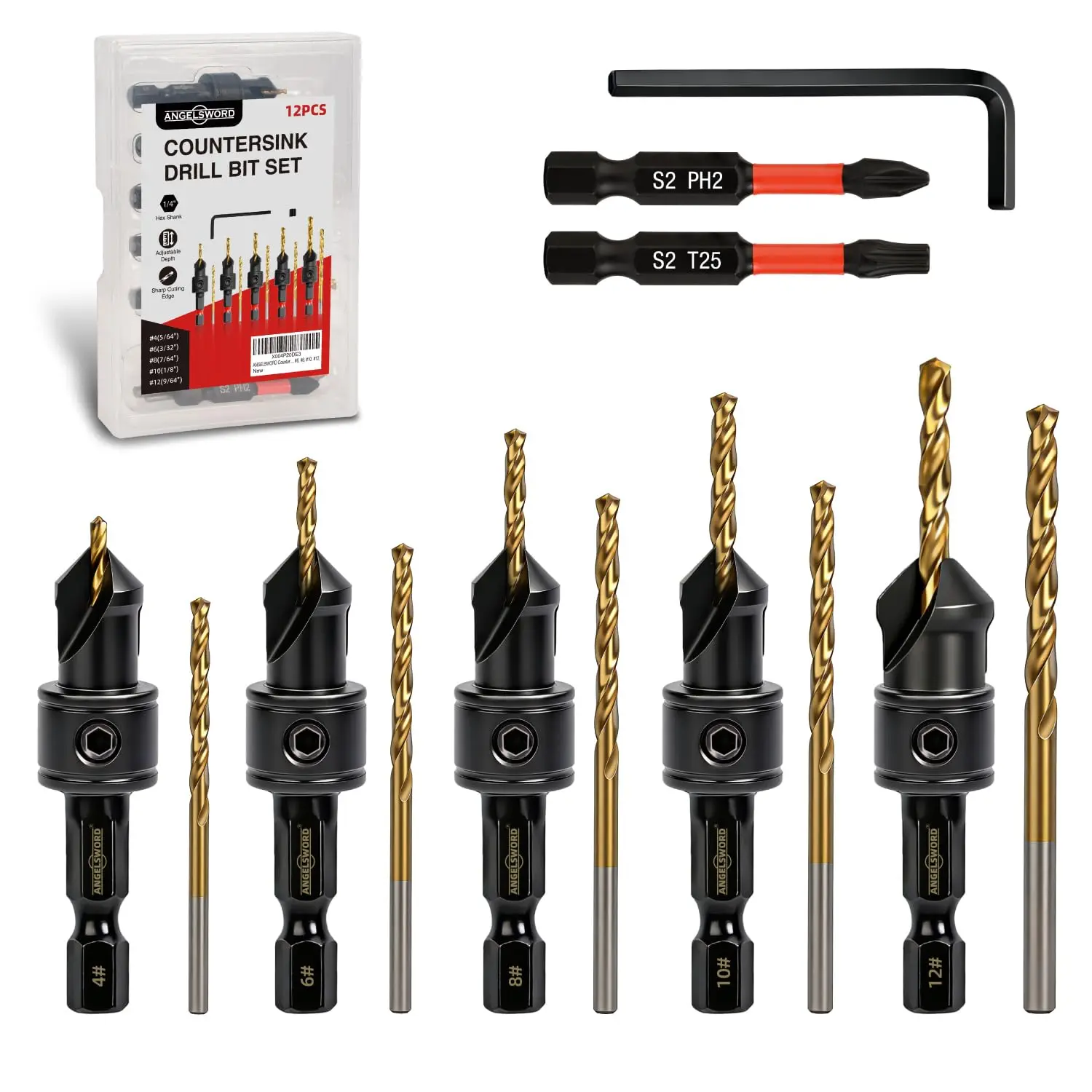 13 PCS Countersink Drill Bit Set, Adjustable #4-#12, Extra 5 Replaceable Bits