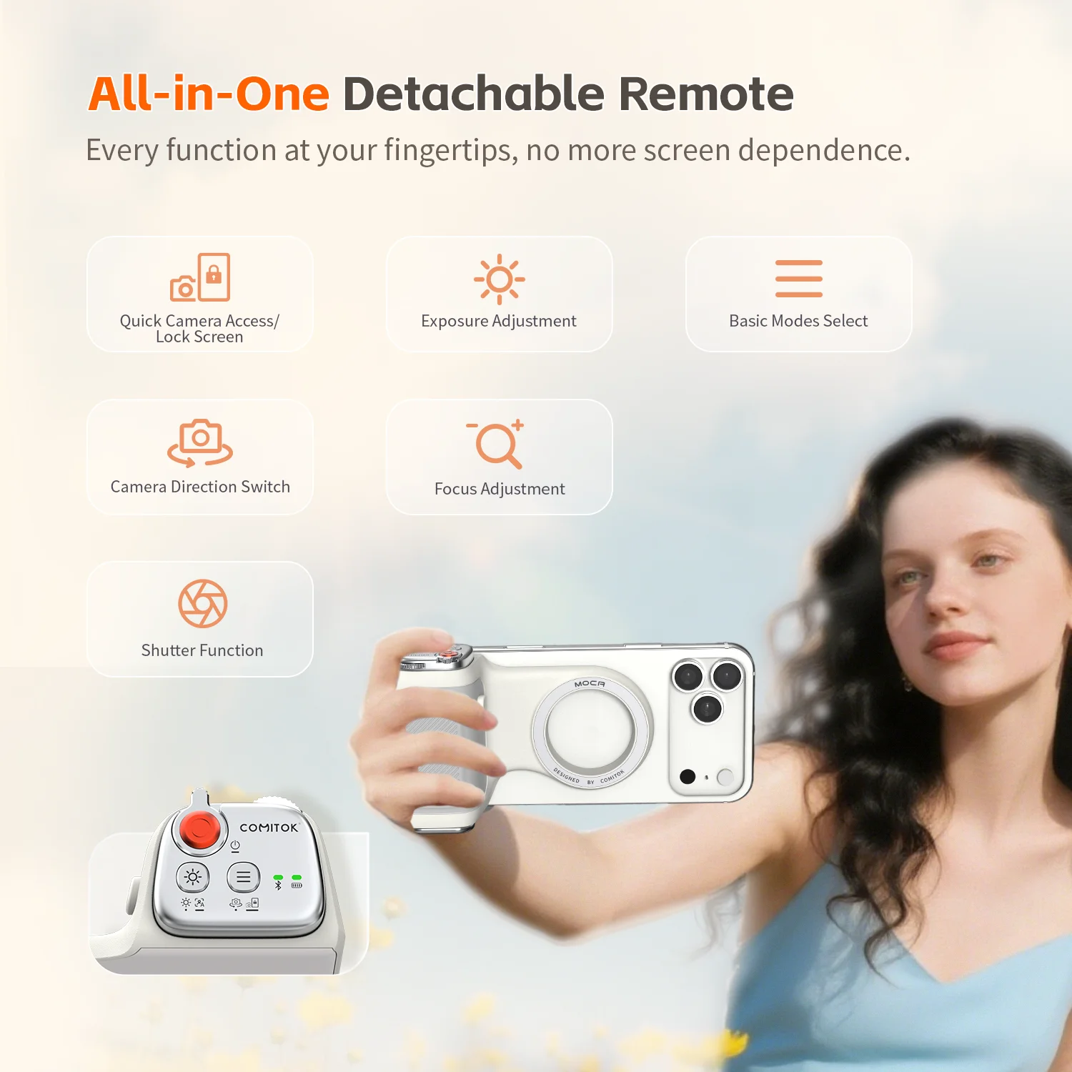 COMITOK MOCA iPhone Wireless Selfie Booster, mit Focus Lock/DSLR-Auslöser, wiederaufladbare Fernbedienung + optionaler Spiegel/Fülllicht – Detail 8