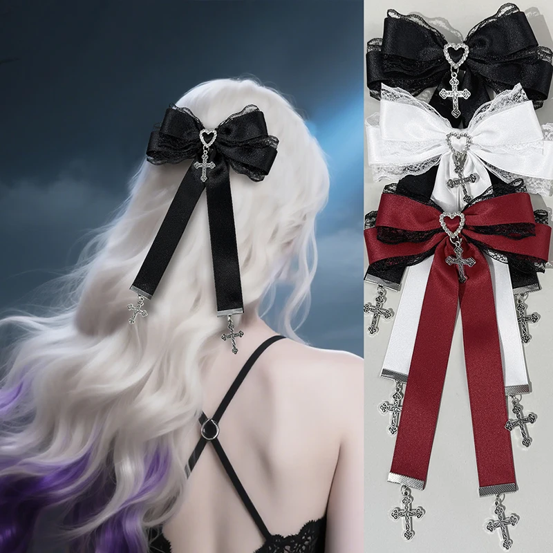 

Заколка для волос в стиле готической Лолиты, черный атласный бант с жемчугом, элегантный аксессуар для волос для женщин, косплей и особые случаи