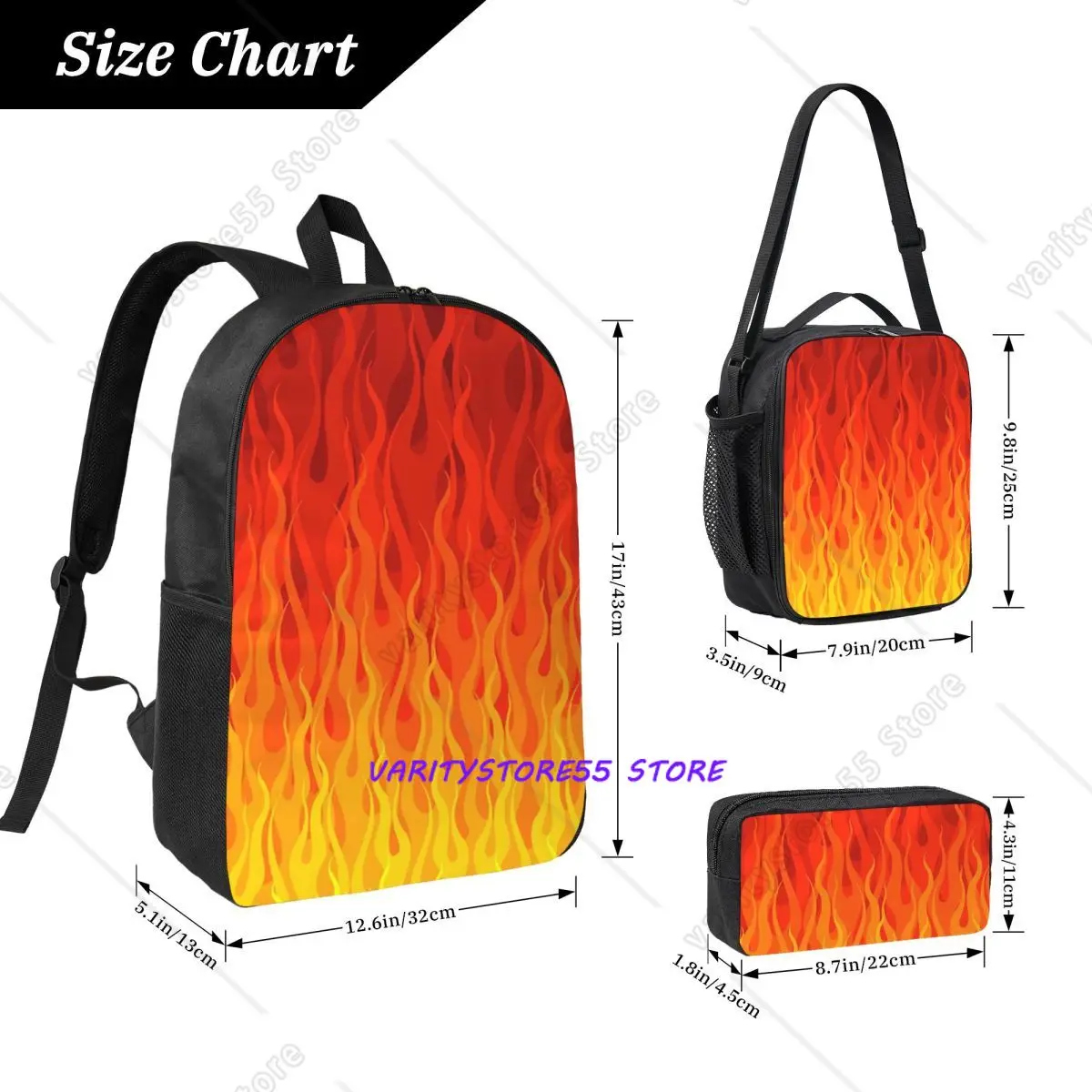 Red Orange Yellow Burning Flame And Fire Backpack BookBag School Bag Computer Shoulder Bags 3ps Insulated Lunch Bag Pencil Case