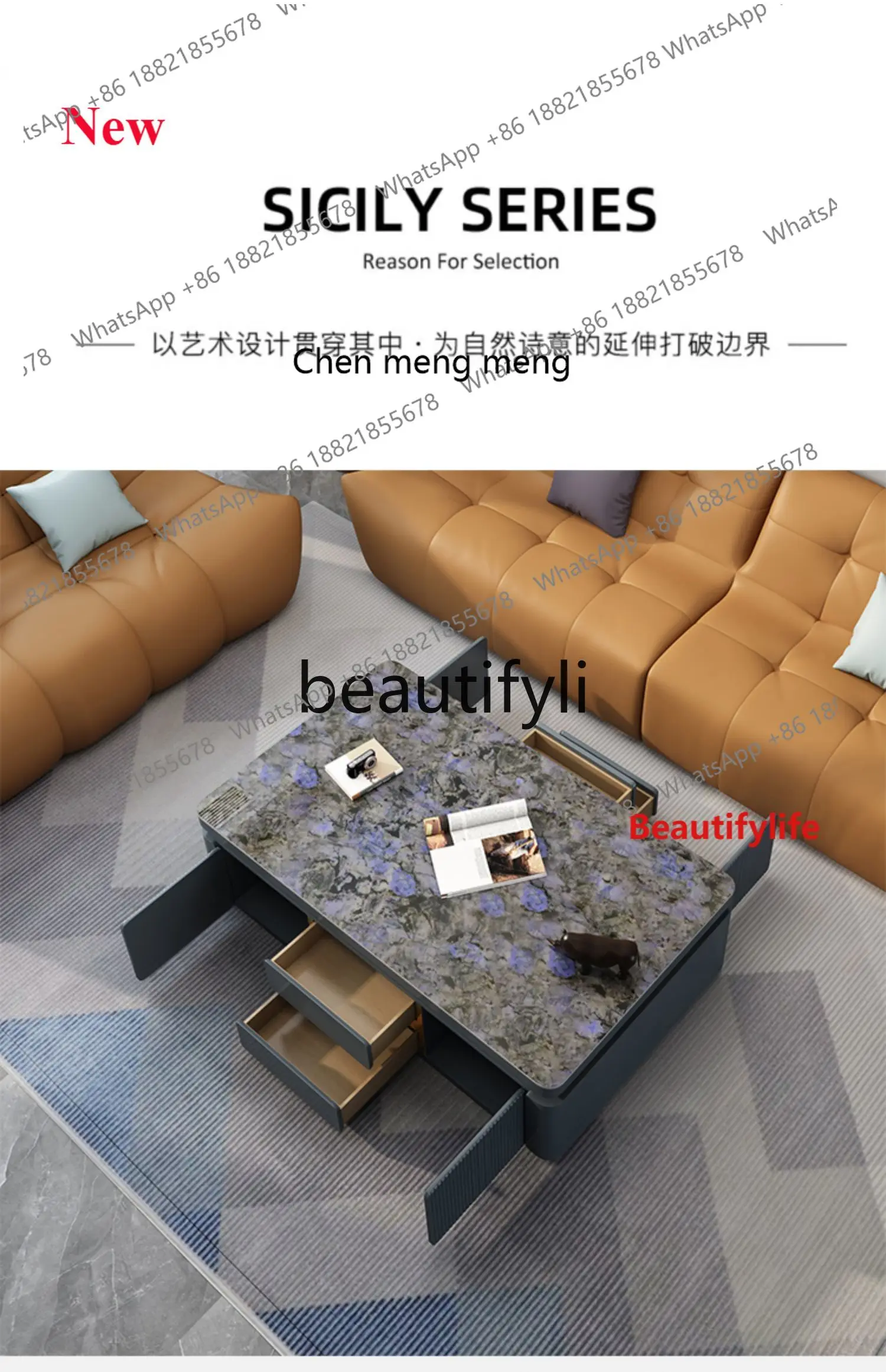 A32 Solid Wood Blue Jadeite Rock Plate Coffee Table Light Luxury Sense Small Apartment Home Living Room High-Grade