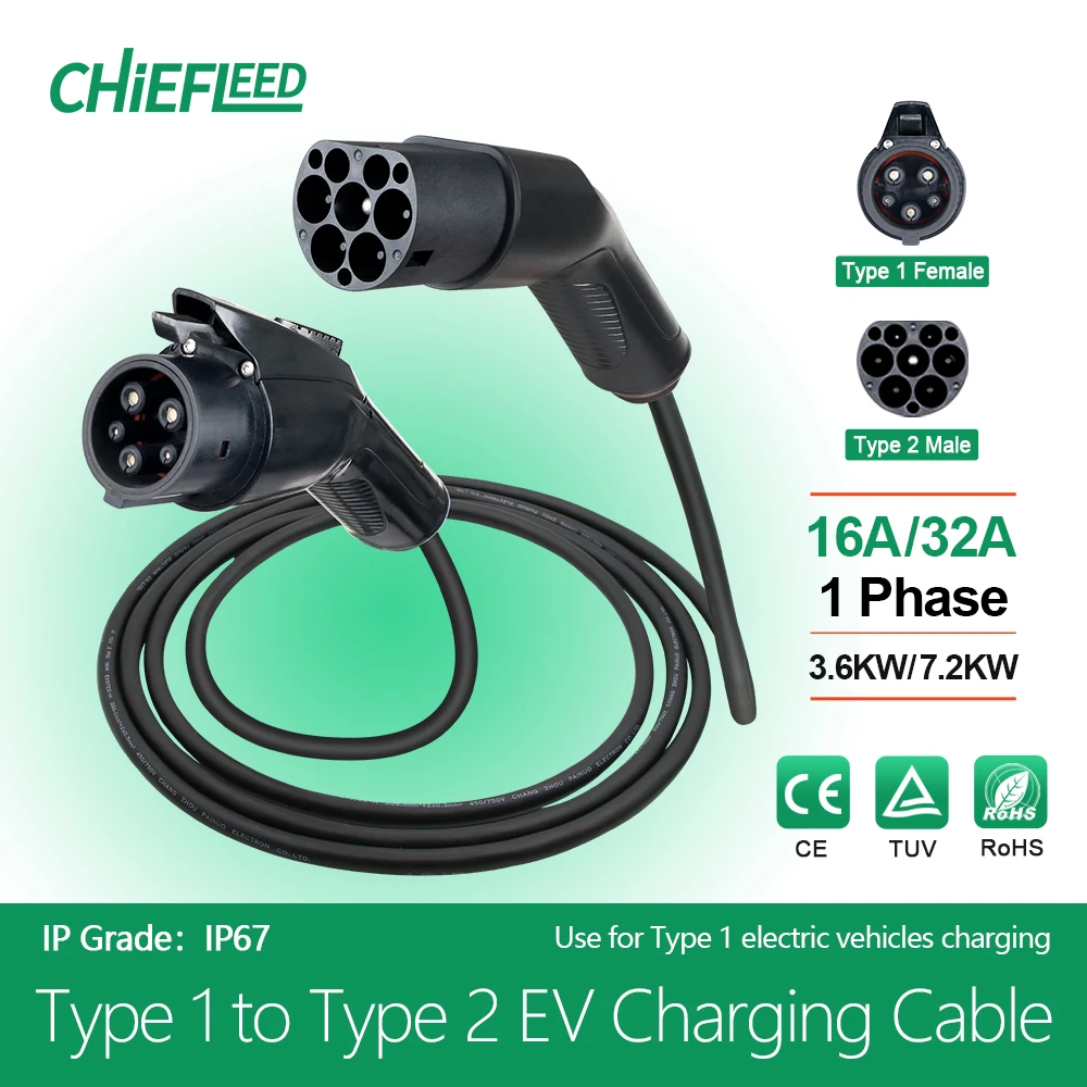 

Chiefleed EV Charging Cable Type1 to Type2 16A/32A 1Phase 200V-250V 4kw 8kw Use for Type 1 Electric Vehicles Charging