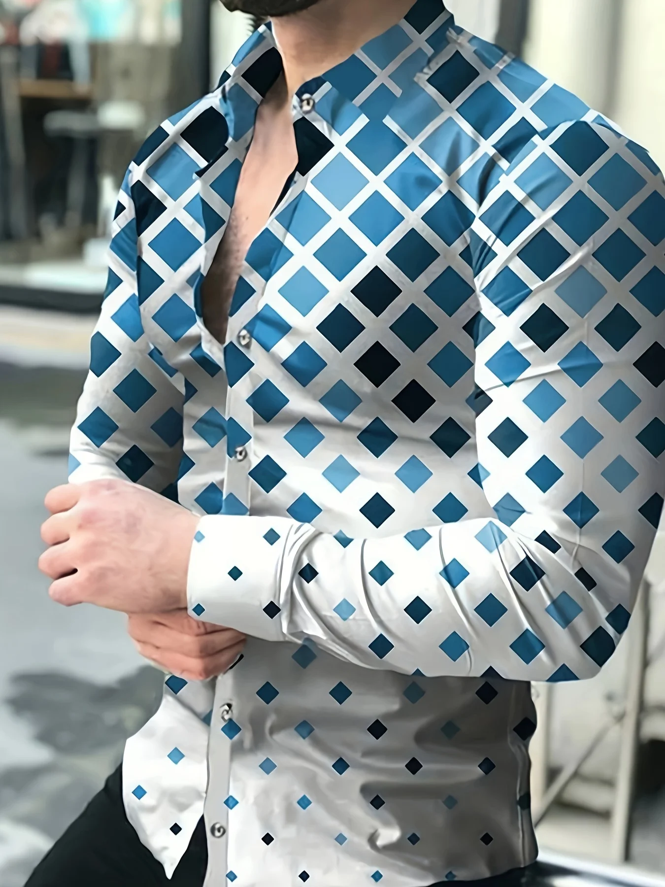 

Мужская рубашка с длинными рукавами с градиентным узором, модный однобортный топ с лацканами, универсальный повседневный и удобный мужской топ