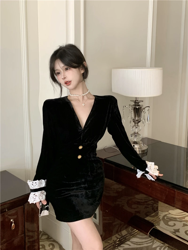 Korean Style Velvet Lace Spliced Slim Fit Waist Knitted Dress for Women Black Long Sleeve V Neck Two Buttons Short Mini Dress