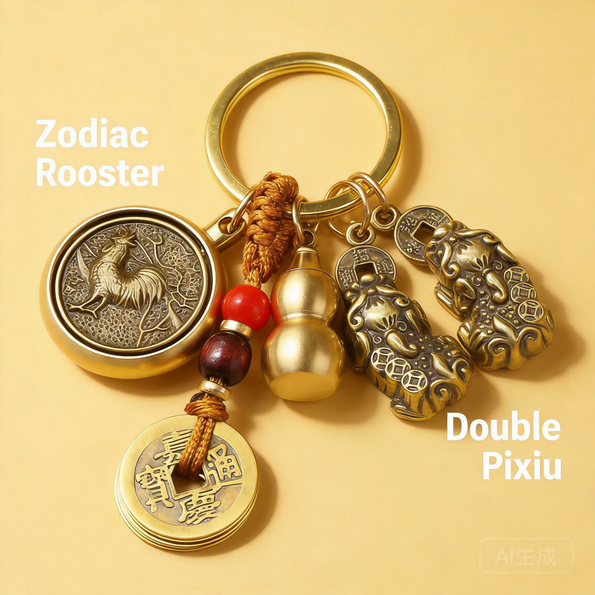 Chinese Feng Shui Brass Rotatable 12 Zodiac Patron Saint Double Pixiu Gourd Lucky Wealth Bless Car Keychain Pendant Amulet