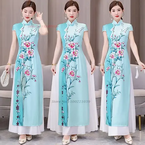 2025 ao dai 베트남 전통 원피스 중국 빈티지 원피스 개량 치파오 국가 꽃 프린트, 연회 저녁 원피스 qipao
