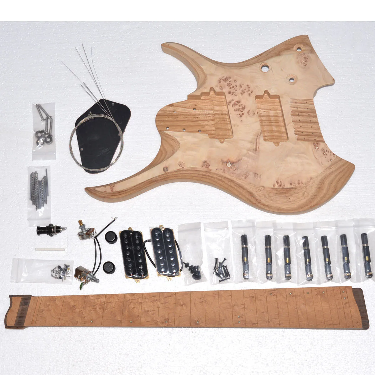 DIY 7 stings Headless Electric Guitar Kit ASH Body Maple Neck,flame maple Fingerboard,24 Frets,Wenge neck Stainless steel frets