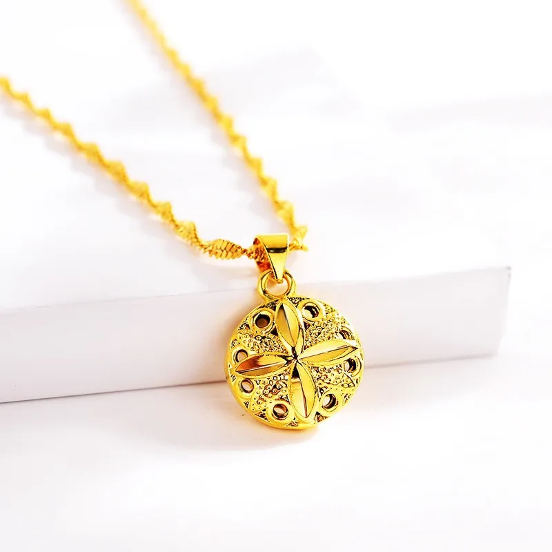 AU999 Gold Necklace Womens Fashion Water Wave Chain 24K Real Gold Jewelry Rose Round Pendant Gift for Girlfriend