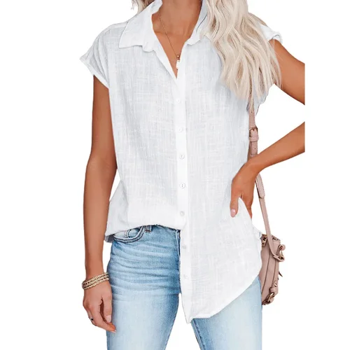 Imagen 1 del producto Camisa de lino y algodón para mujer, Tops informales finos y sueltos, camisetas lisas de manga corta para verano, ropa para mujer, Blusas