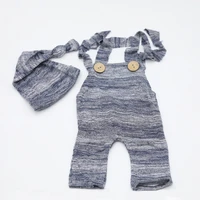 Newborn Photography Props Baby Boy Knit Overalls Set Knotted Hat Gray Textured Romper Infant Photoshoot Outfit 4