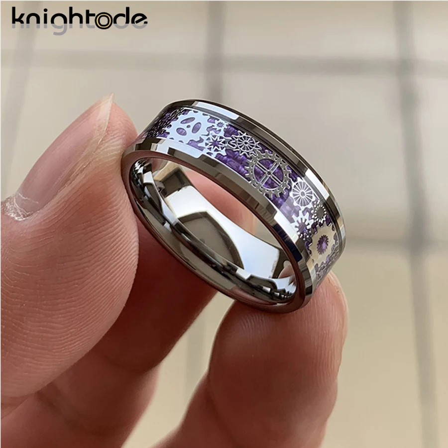 8mm Carbon Fiber Inlay Mechanical Gear Wheel Tungsten Carbide Rings Wedding Band Beveled Edges Polished Comfort Fit