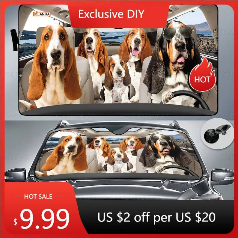 

Basset Hound Family Car Sun Shade, Basset Car Windshield, Basset Sun Car Accessories, Basset Hound Lover, Auto Decor Screen PHT2