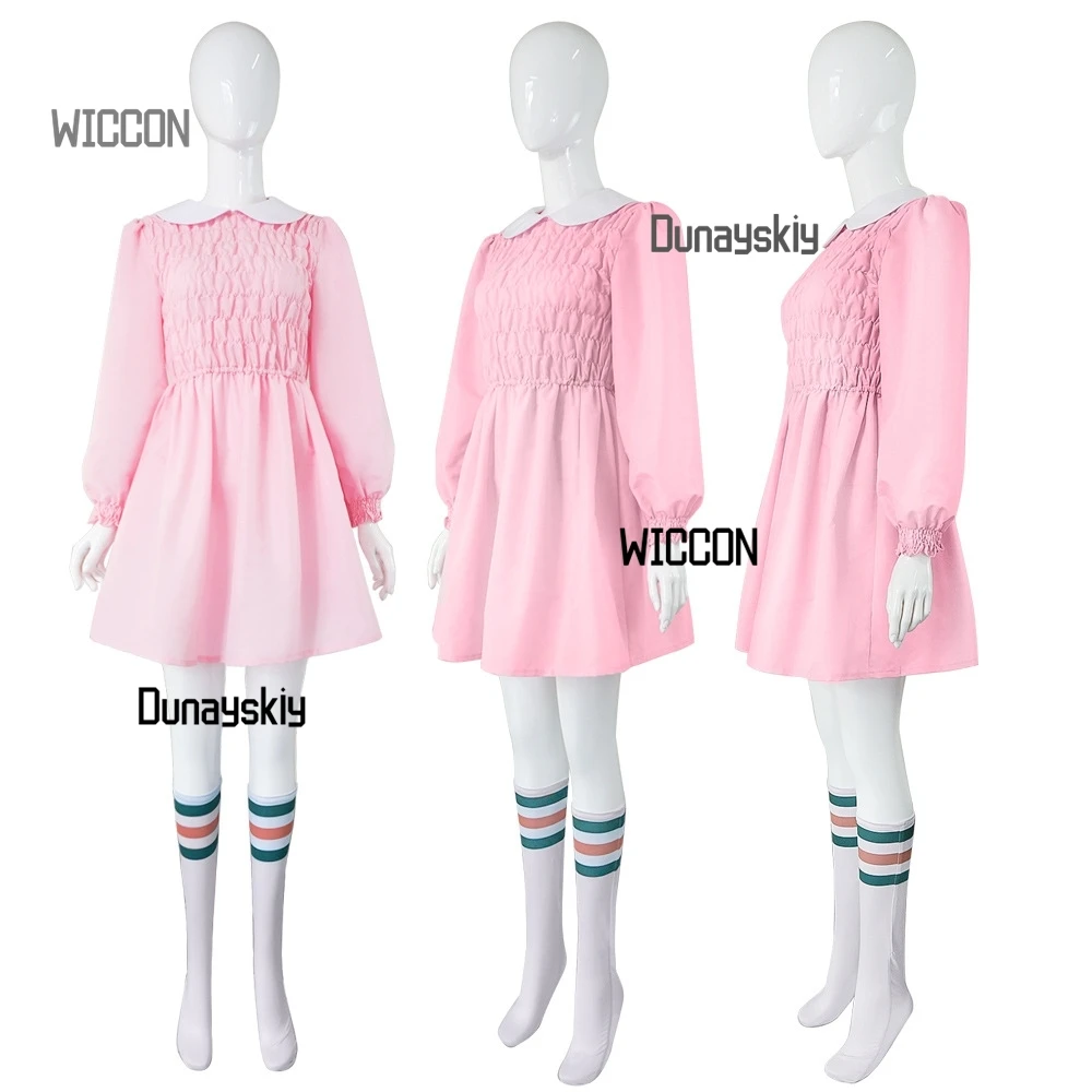 New TV Movie El Women Girls Cosplay Costumes Wig Eleven Pink Dress Skirt Socks Golden Short Curly Hair Party Daily Carnival - view 4