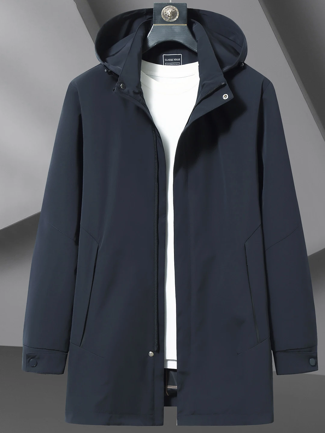 

Мужское длинное пальто свободного кроя, новинка 2025 года, осеннее, со съемным капюшоном, модная верхняя одежда из полиэфирного волокна, повседневный стиль.