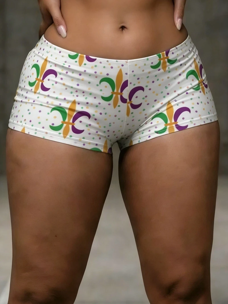 กางเกงขาสั้นสตรีสีตัดกันสไตล์มาร์ดิกราส์ 2026 สำหรับฤดูร้อน เอวต่ำ ยืดหยุ่น เซ็กซี่ เหมาะสำหรับงานปาร์ตี้ คลับ และใส่เดินเล่น