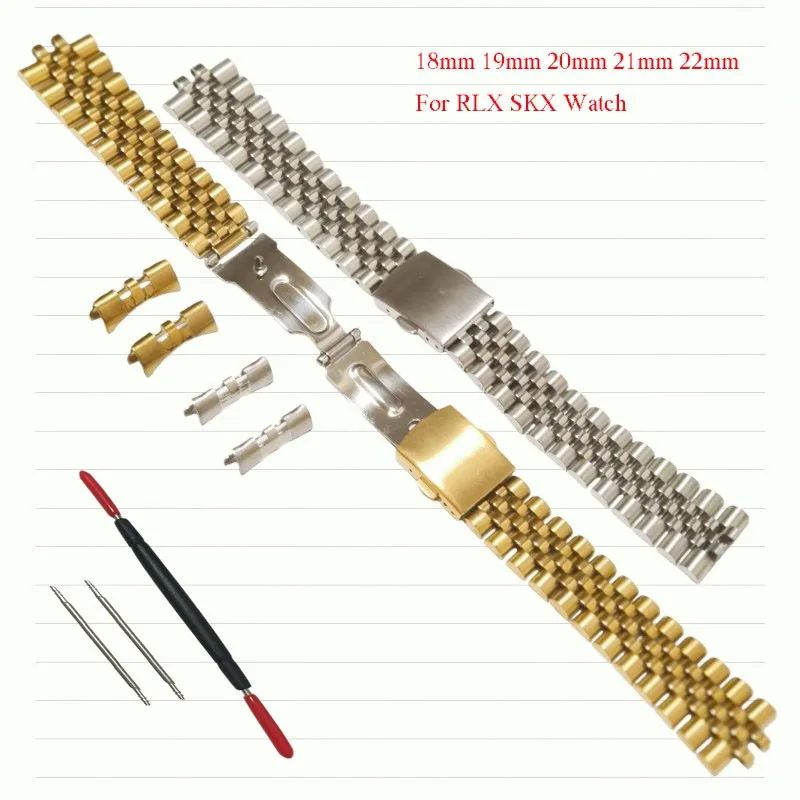 Watch Band Silver Gold Black Five Rice Beads Jubilee Stainless Steel Curved End Strap Bracelet Fits for RLX SKX Watch