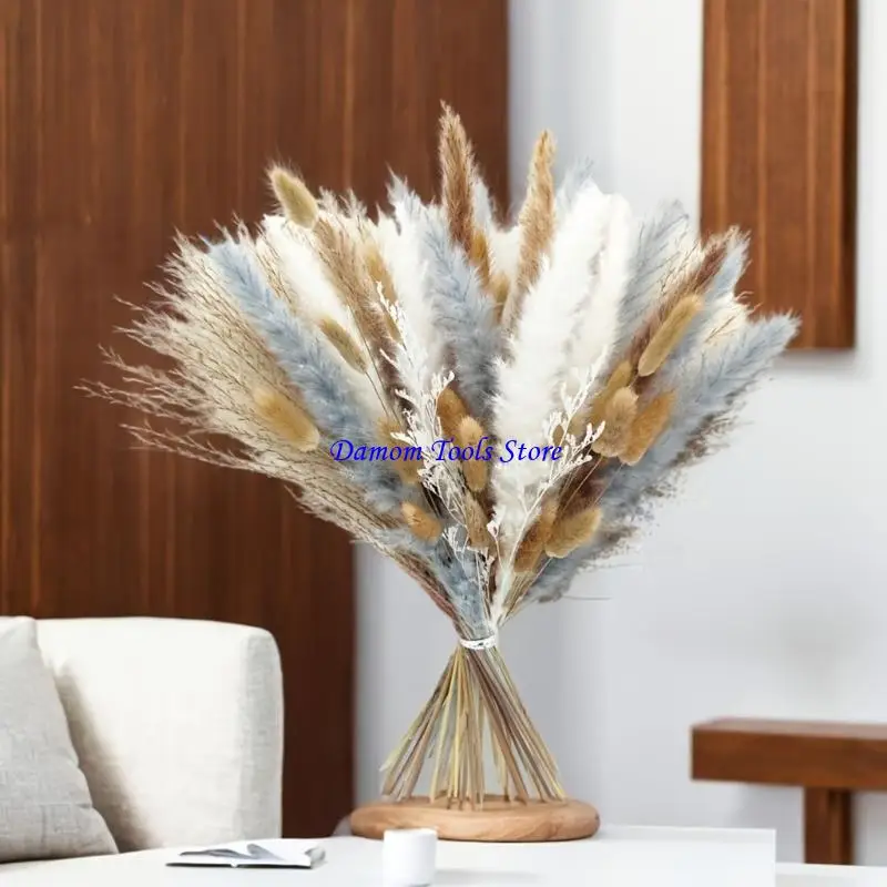 57BE 65PCS Dried Flower Bouquet Natural Texture with Pampas & Stems Decorative for Wedding Centerpiece Table Arrangement