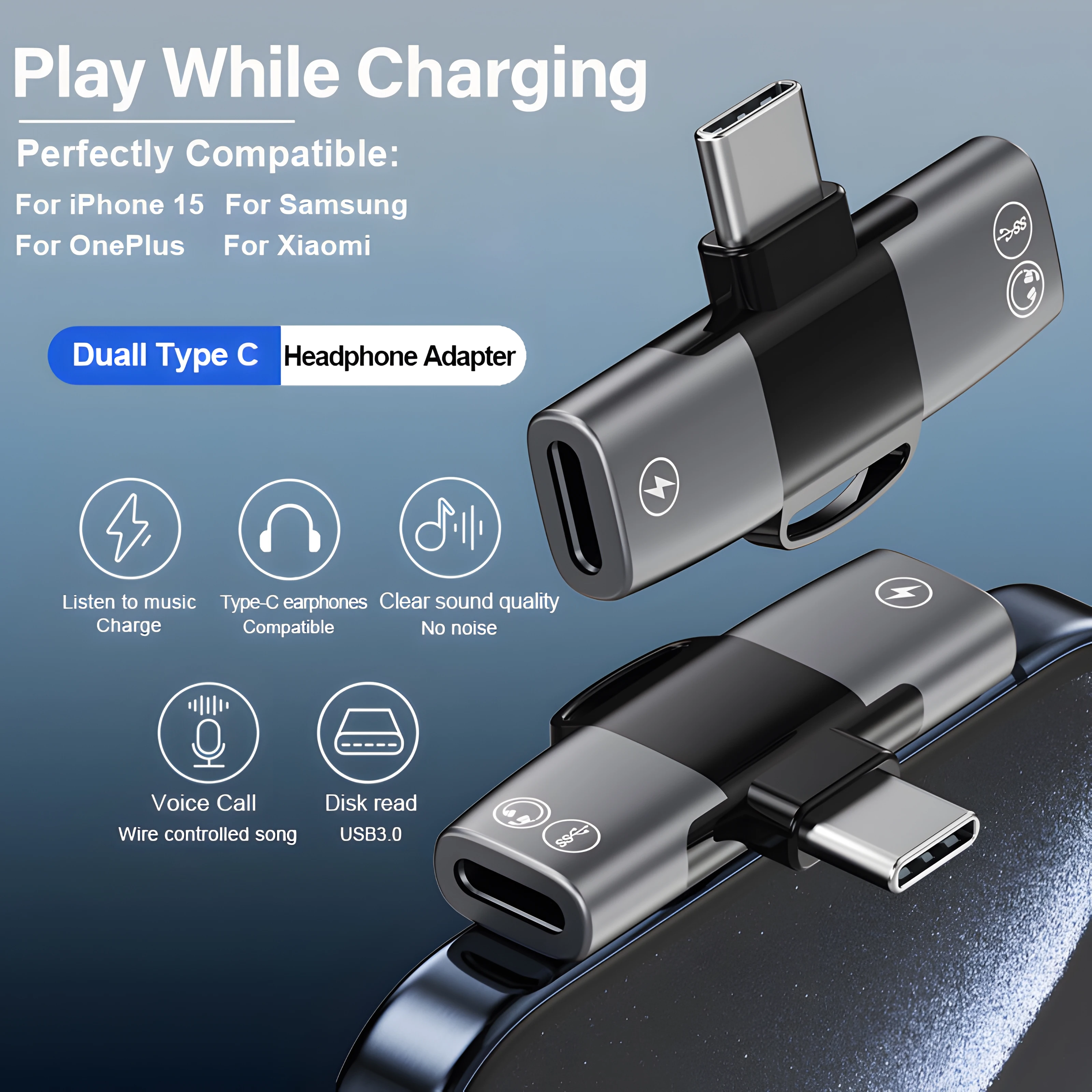 OTG USB Type C Splitter to Double Type C Jack AUX Audio Headphone Adapter PD15W Charging for iPhone 15 Samsung Xiaomi MacBook