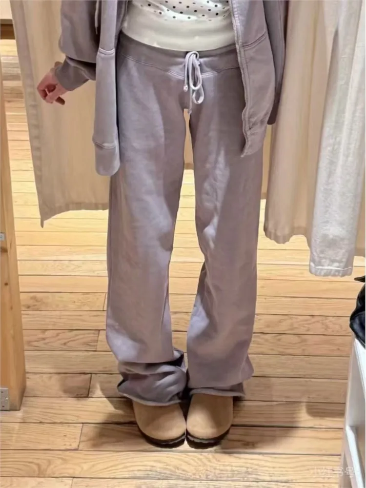 

Фиолетовые спортивные длинные брюки на флисовой подкладке, женские хлопковые прямые спортивные штаны с высокой талией, милые повседневные уличные спортивные штаны на шнурке