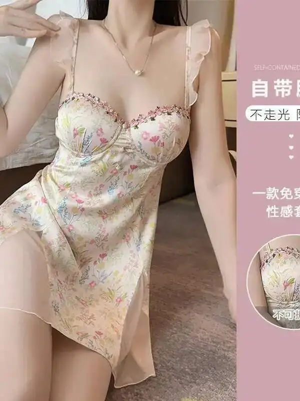 Sweet Hot Backless Sexy Padded Ice Silk Nightdress Dress Elegant Sweet Tank Mini Dress 2025 New Tops Korean Women 8B4B