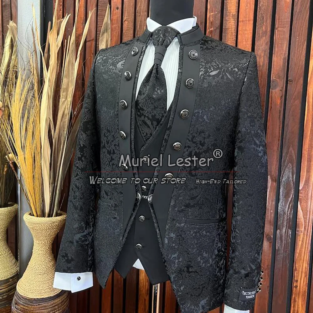 Mens Slim Fit Suits Black Tuxedo Mandarin Collar For Weddings Special Occasions Jacquard Blazer Vest Pants 3 Pieces Groom Blazer