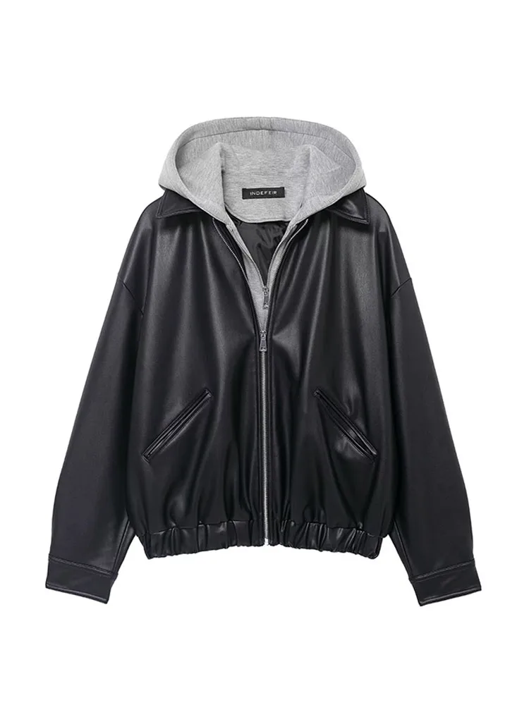 

HH Women’S Autumn New Hooded Fake Two Piece Set Slant Pocket Zipper Splicing Leather Effect Adjustable Hem Short Jacket