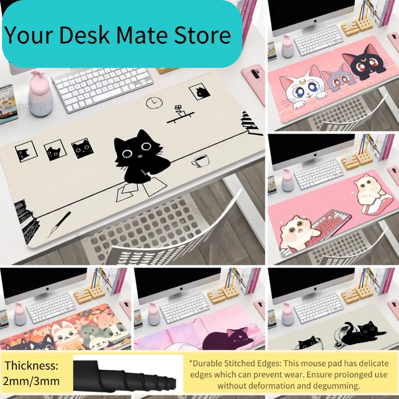 Kawaii Cartoon Katze Erweitertes Gaming-Mauspad-Set Niedliche Schreibtischunterlage Rutschfeste Tastaturunterlage Gummimatte Mauspad Schreibtischmatte Mousepad-Unterlagen