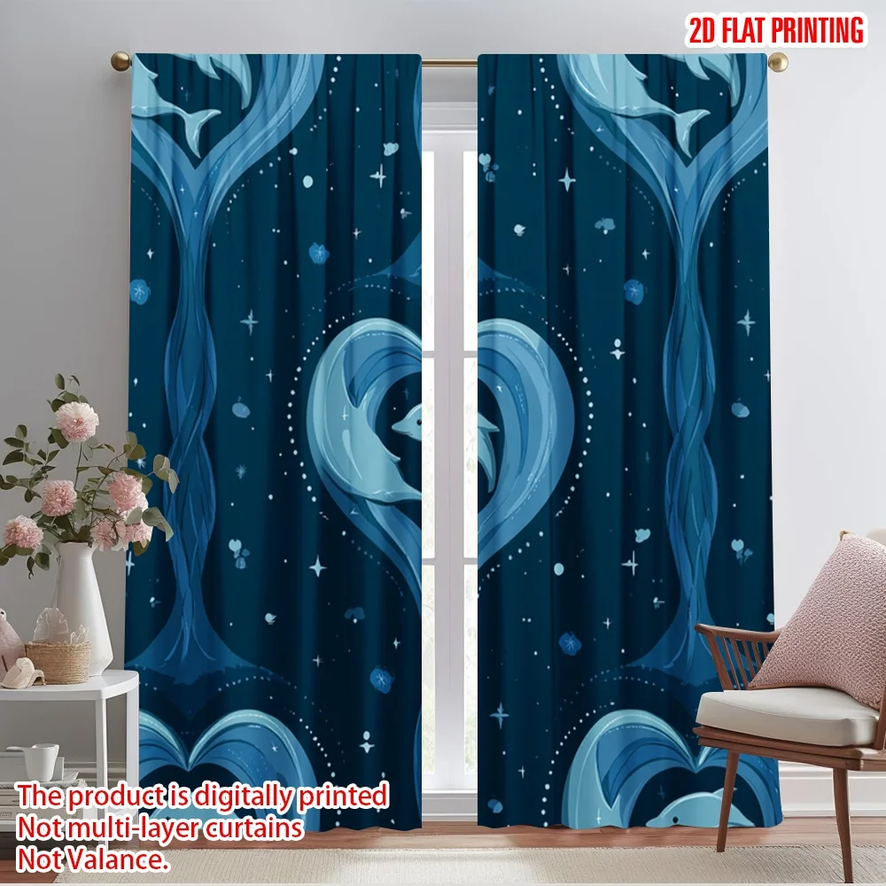 

2pcs 2D flat printing Party Curtains Dolphin Hearts Fabric Without Electricity Festive Wall Decor Use for Holiday Family
