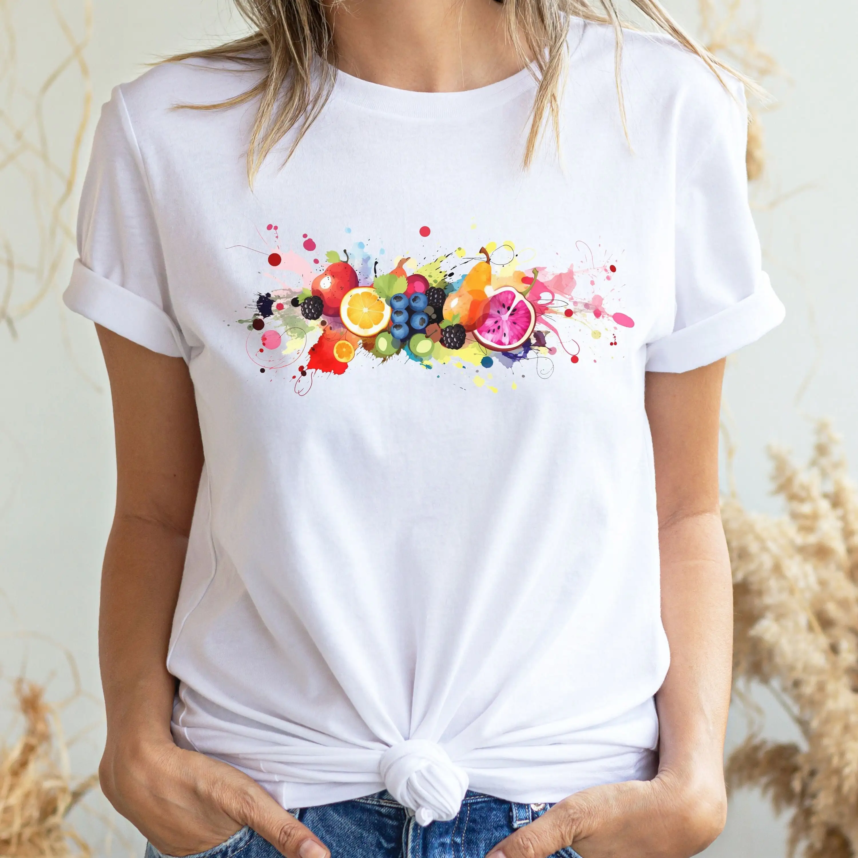 Watercolor Fruit Explosion T Shirt Cute Botanical Fruits Burst Of Color Blueberry Colorful