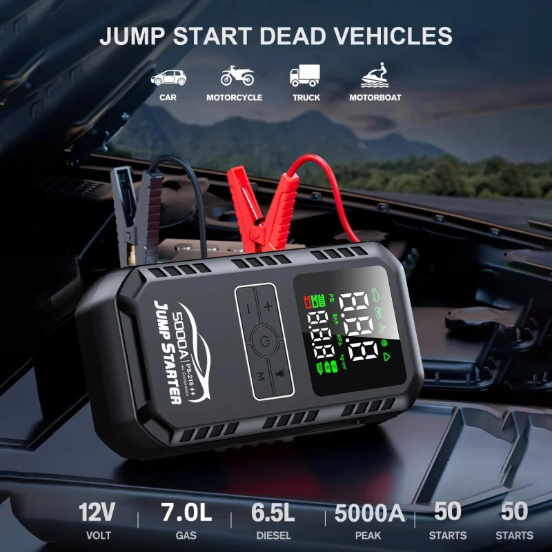 Car Emergency Jump Starter Device And Air Pump Combo Booster Car Battery Starter Power Bank Tire Inflator 6000mA-12000mA